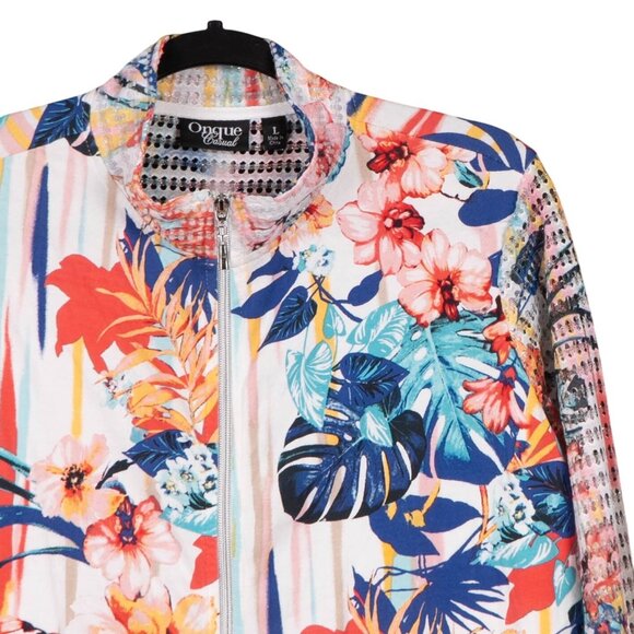 Onque Casual Floral Jacket L Womens Zip Mesh Back 3/4 Sleeves Bright Spring - Picture 2 of 6